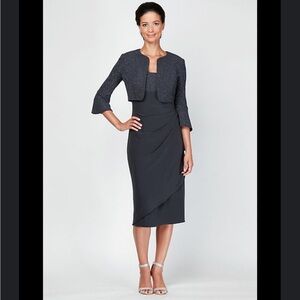 NWT Alex Evenings Black Gunmetal Midi Tank Dress with Glitter Jacket Size 8